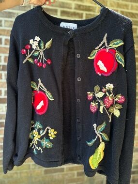Ladies Vintage Embroidered Black Floral & Fruit Cardigan Sweater